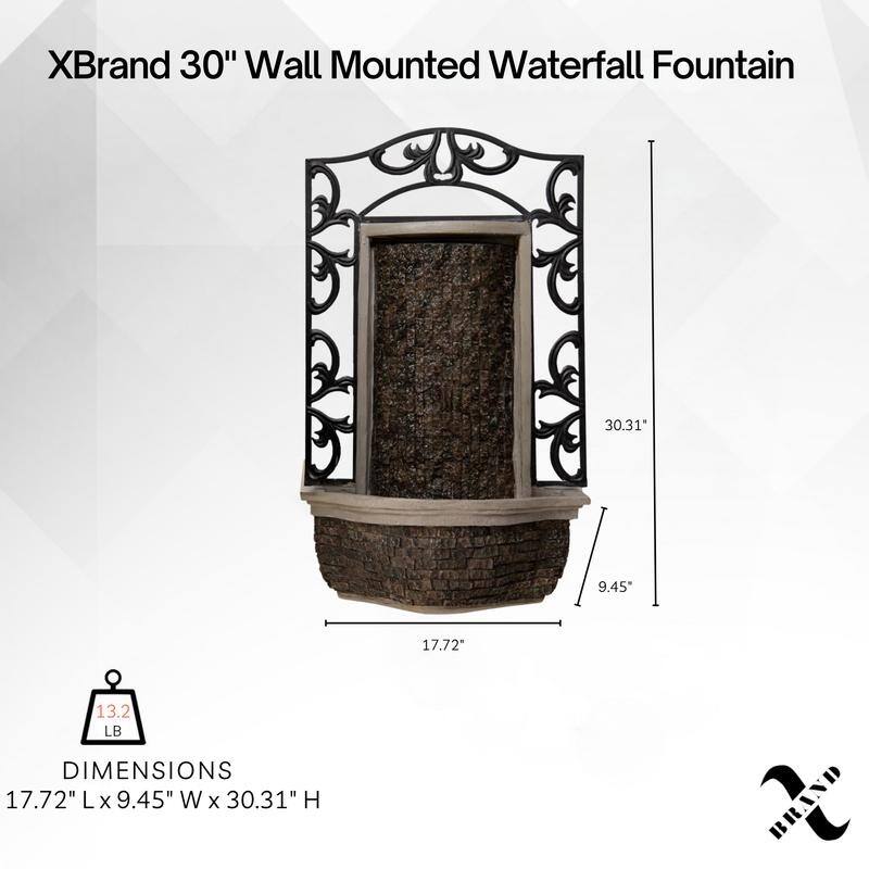 30" Wall Mounted Water Fountain - Indoor Outdoor, Black Stone Finish, Cascading Waterfall Decor