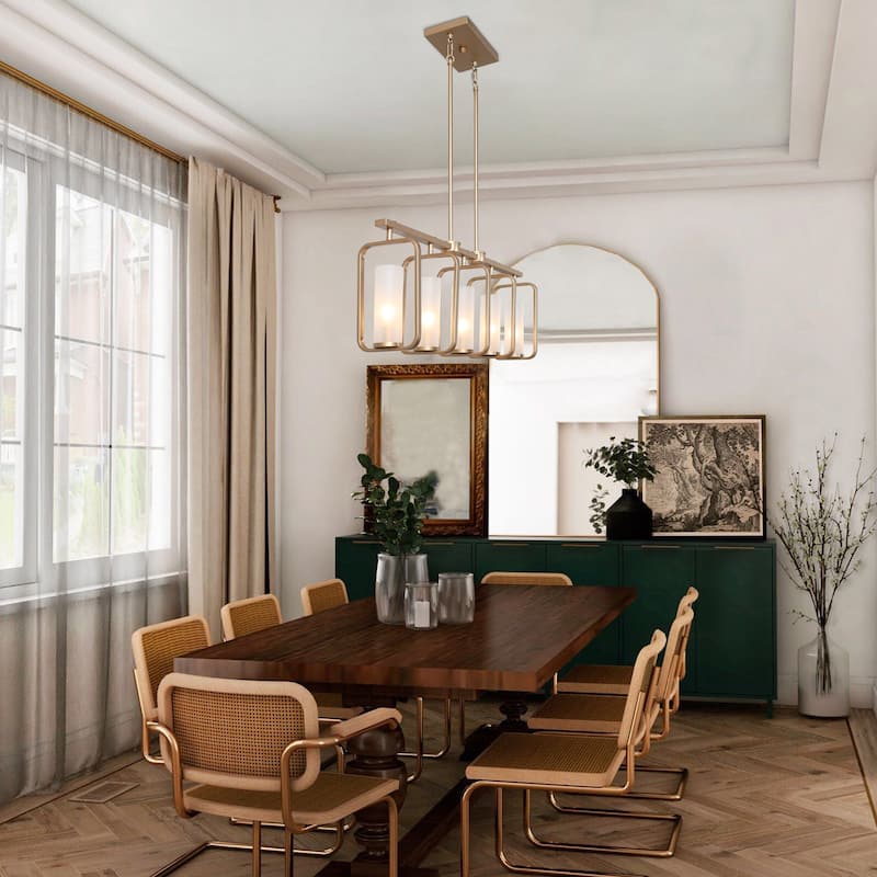 Siya Modern 5-Light Gold Linear Metal Chandelier with Frosted Glass for Kitchen Island Dimmable Pendant Lights