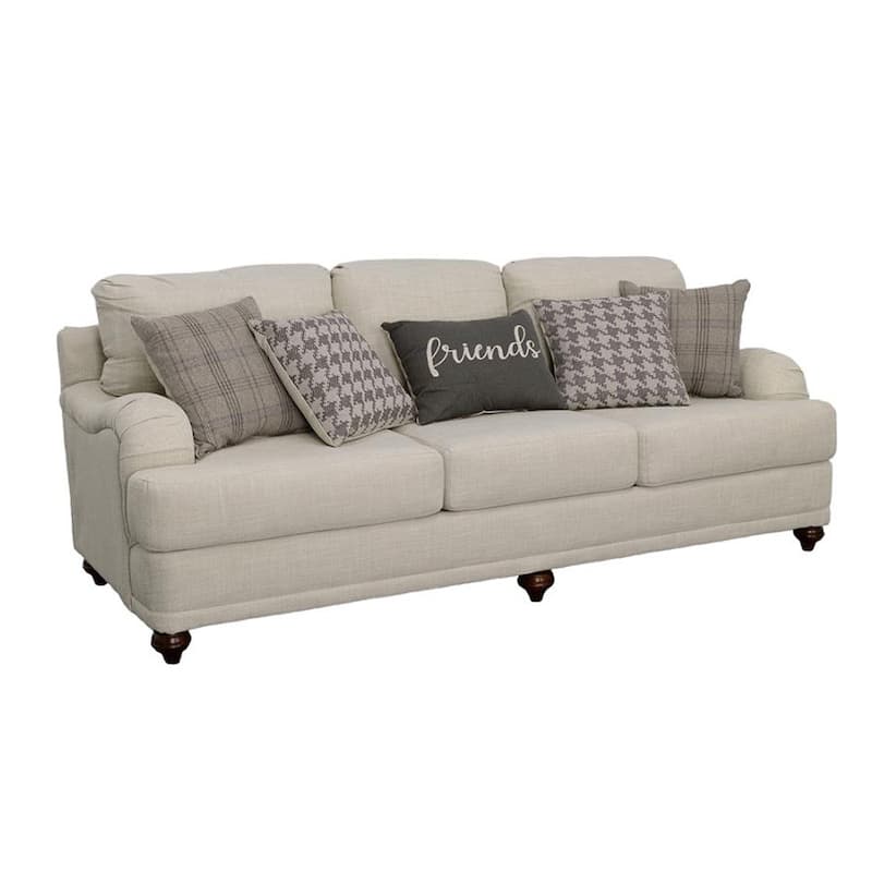 Linen-Like Fabric Sofa with Recessed Arms - Light Grey/Espresso
