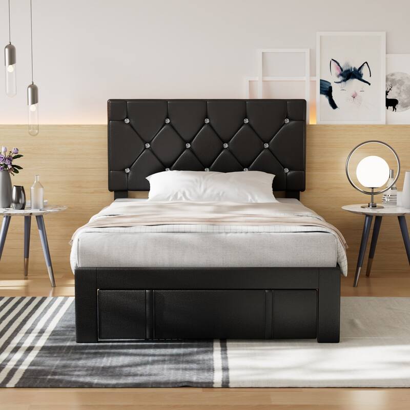 VECELO Bed Frame with Storage Drawers, Leather Upholstered with Diamond Tufted Headboard, Solid Wood Slat Support