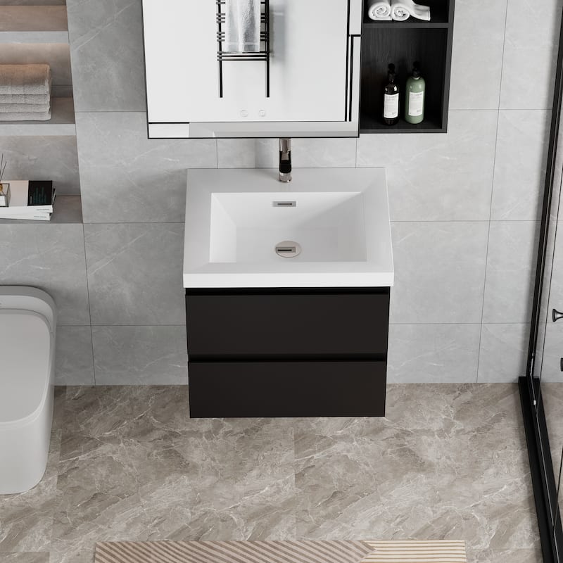 30" Modern Floating Bathroom Vanity with Glossy Resin Sink, Wall-Mounted Bathroom Cabinet with Soft Close Drawers