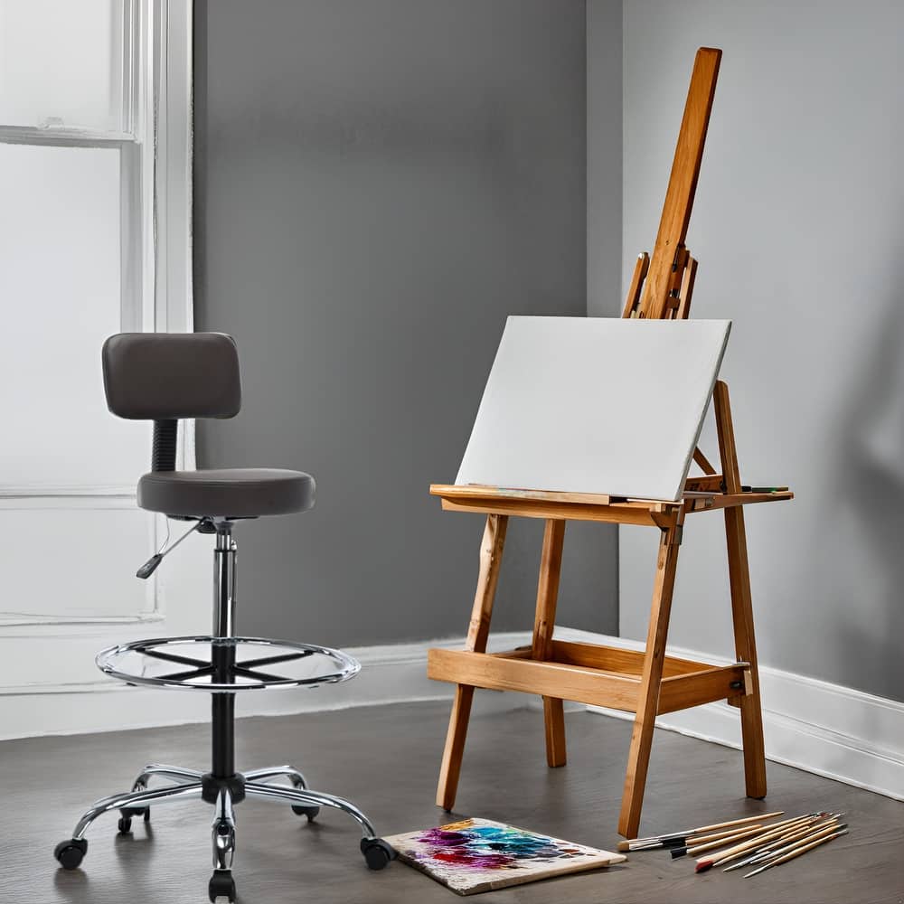 Comfortable Faux Leather Drafting Stool Chair with Adjustable Height Foot Rings - Ideal for Office Studio Craft Room