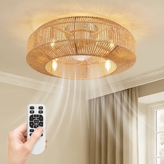 Boho Smart Gold Rattan Caged Drum Flush Mount Ceiling Fan