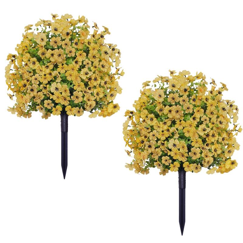2FT Artificial Trees With Ground Spike 2 Pack, Weather-Resistant Faux Shrubs Bushes Potted Plants With Flowers Outdoor - yellow
