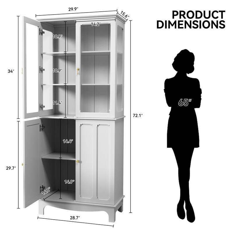 72" Freestanding Kitchen Pantry with Glass Doors