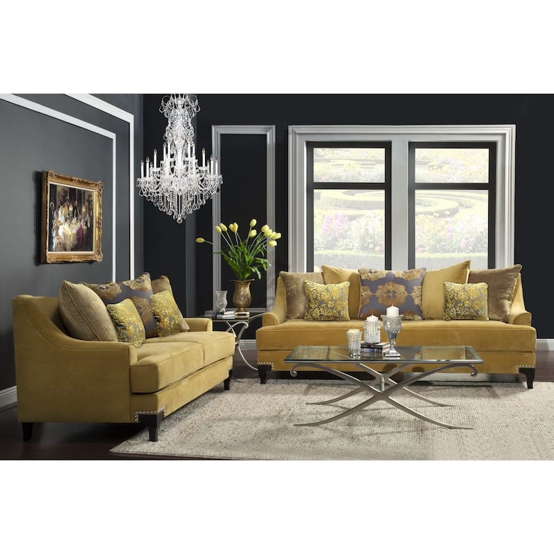 Gisc Taupe Contemporary Fabric Padded Nailhead 2-Piece Sofa and Loveseat Set by Furniture of America