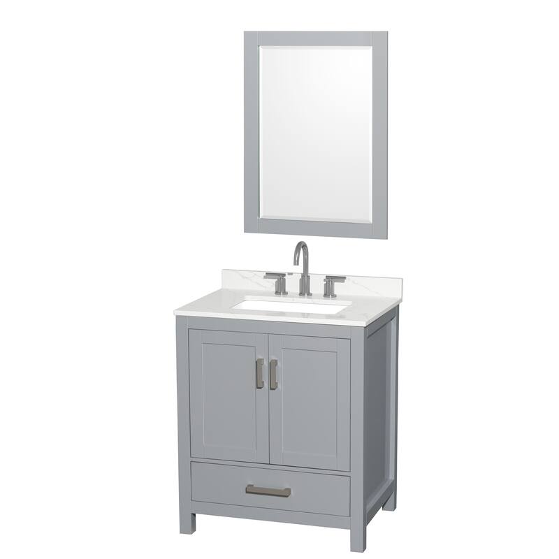 Sheffield 30-inch Single Vanity, 3 Hole Quartz Top, 24-inch Mirror - Gray, Chrome Trim, Giotto Quartz Top