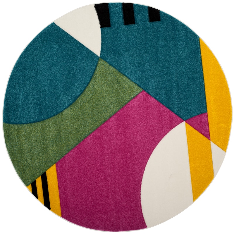 SAFAVIEH Hollywood Adilene Mid-Century Modern Abstract Rug - 5'3" Round - Peacock Blue/Fuchsia - Round