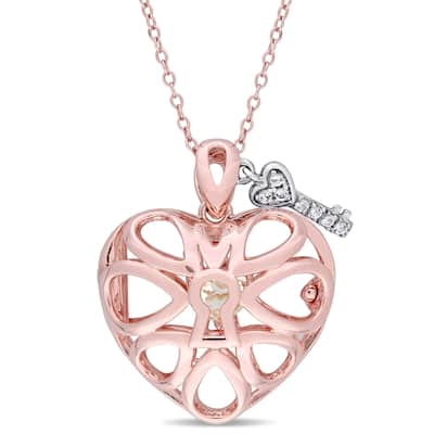 Miadora Rose Plated Sterling Silver Heart-Cut White Topaz Openwork Locket with Centered Lock and Studded Key Necklace