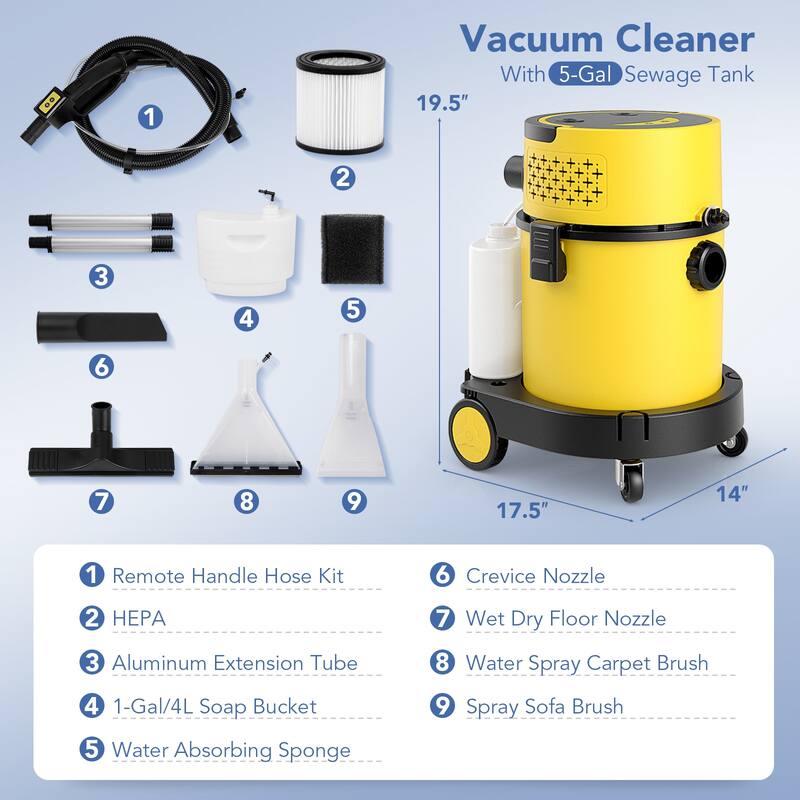 5 Gallon Wet Dry Vacuum Cleaner with Blower and Aluminum Extension Tubes HEPA Filter - 17.5" x 14" x 19.5" (L x W x H)