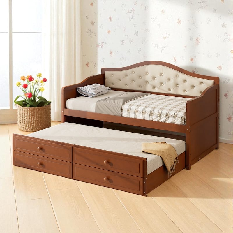 Twin Daybed with Trundle and 2 Storage Drawers, Upholstered Button Tufted Sofa Bed with Solid Wood Frame