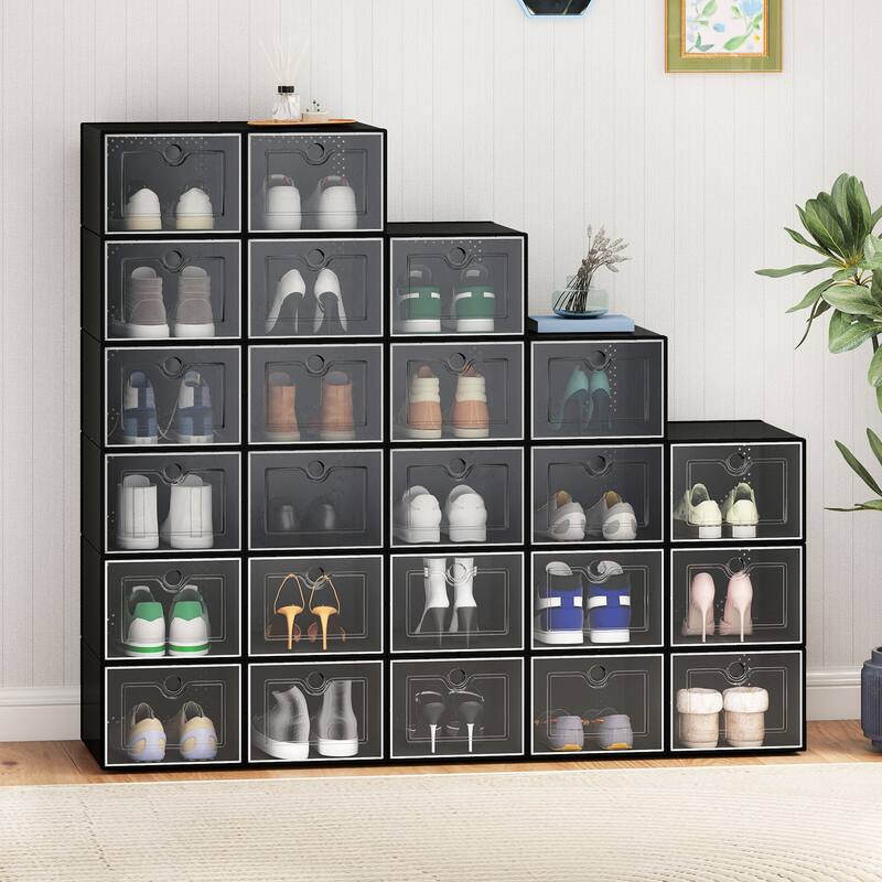 Moasis Shoe Organizer Box, 12/18/24 PCS Medium/ Large Shoe Storage Stackable Shoe Box Rack Containers Drawers - 24psc Medium Pure Black