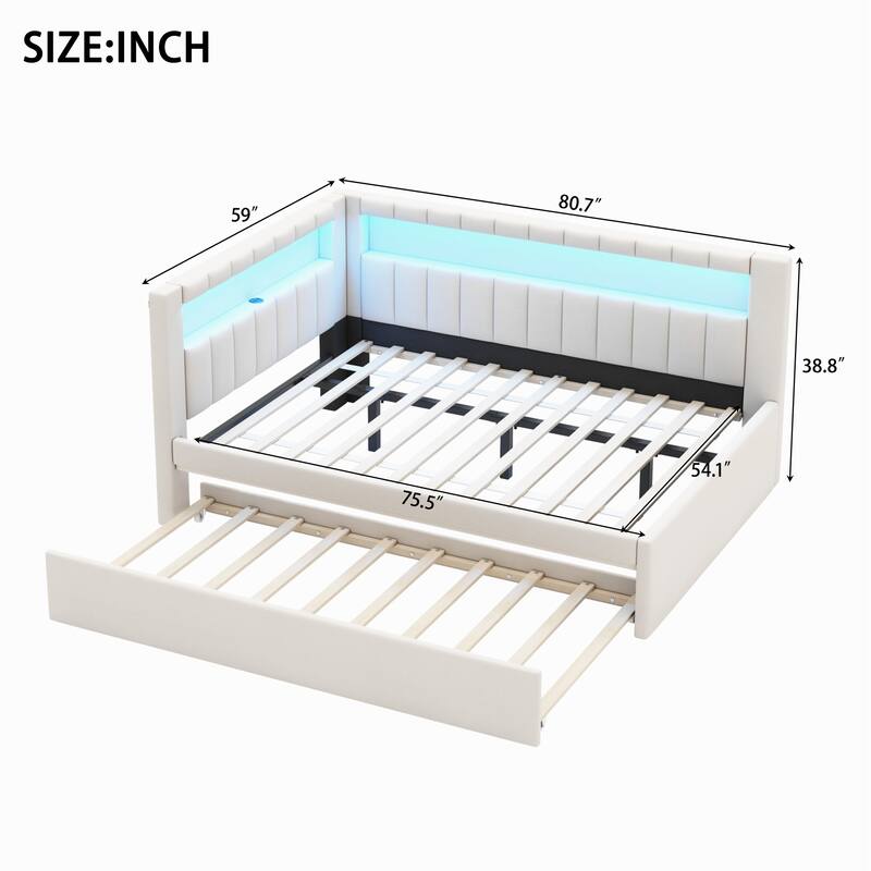 L-Shaped Daybed Linen Upholstered Corner Sofa Bed Built-in USB Ports and LED Belt Platform Bed with Optional Trundle or 2 Drawer