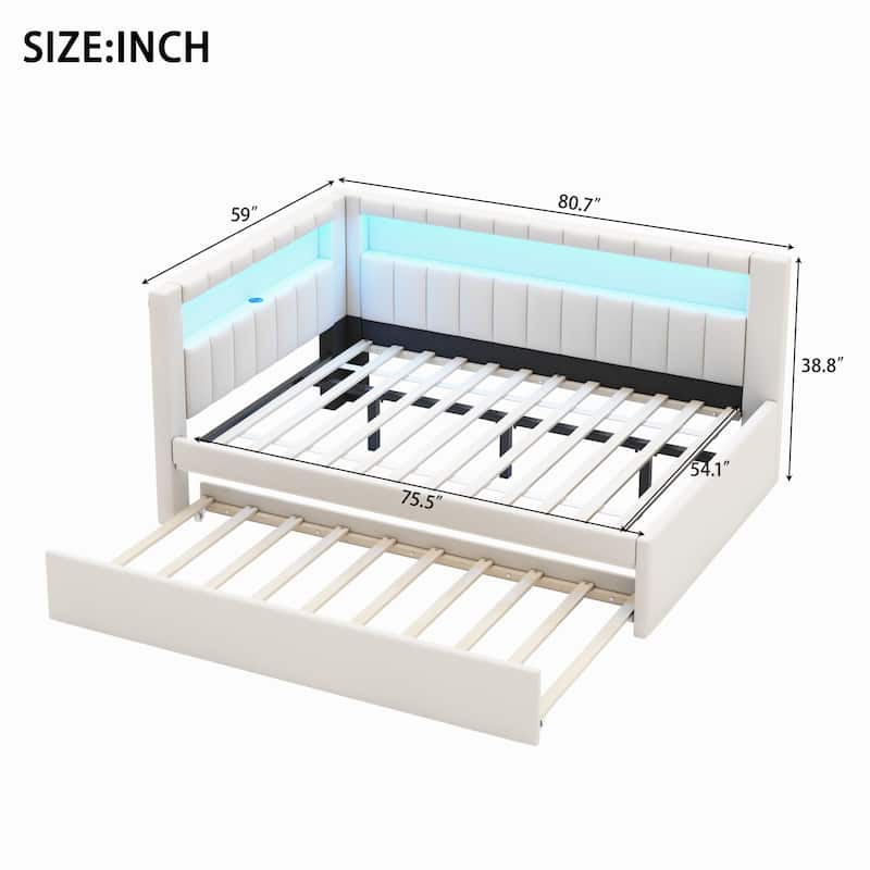 L-shape Daybed Built-in LED Belt and USB Ports, Corner Sofa Bed