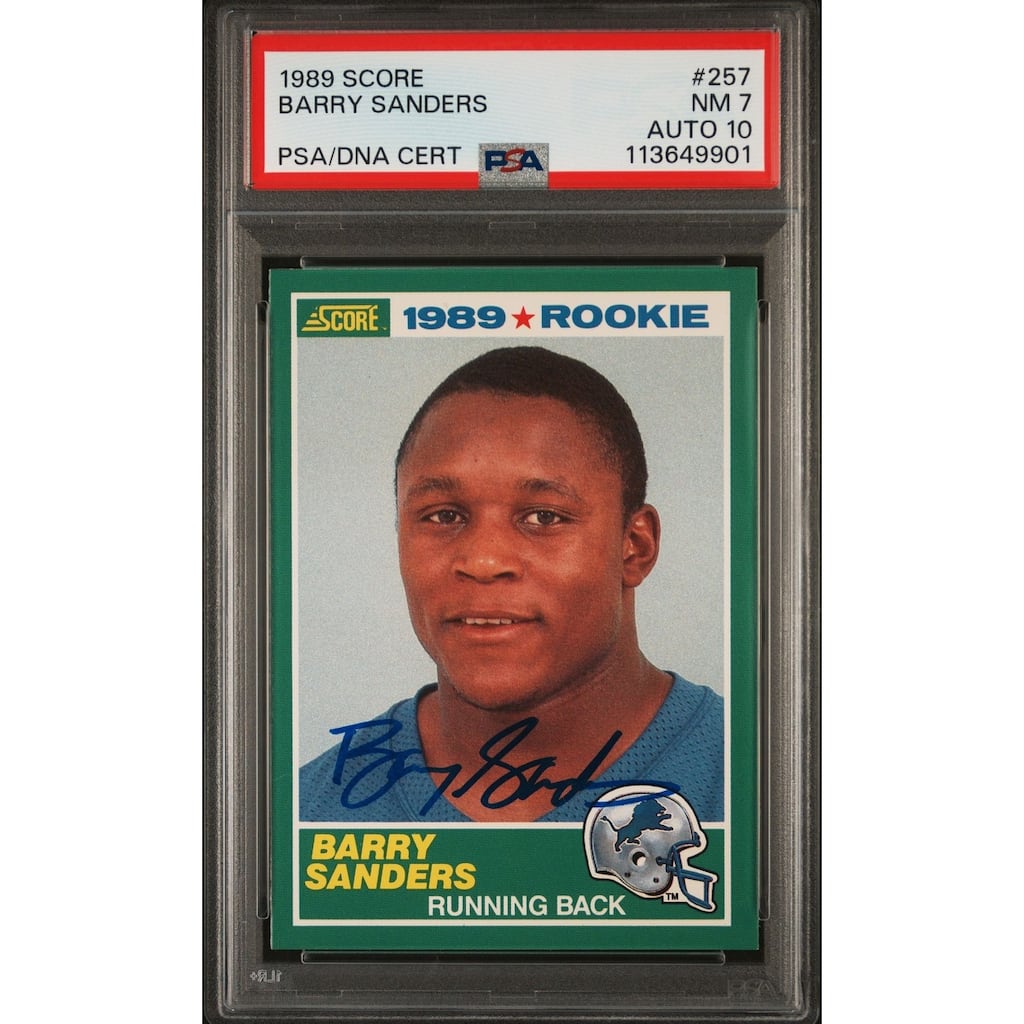 Barry Sanders 1989 Score Signed Football Rookie Card #257 Graded PSA 7 Auto 10 - 8' x 11'