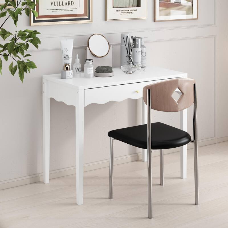 35.43"Vanity Desk with Drawer - Modern Makeup Table with Scalloped Front & Gold Knob, Compact Writing Desk with 4 Sturdy Legs