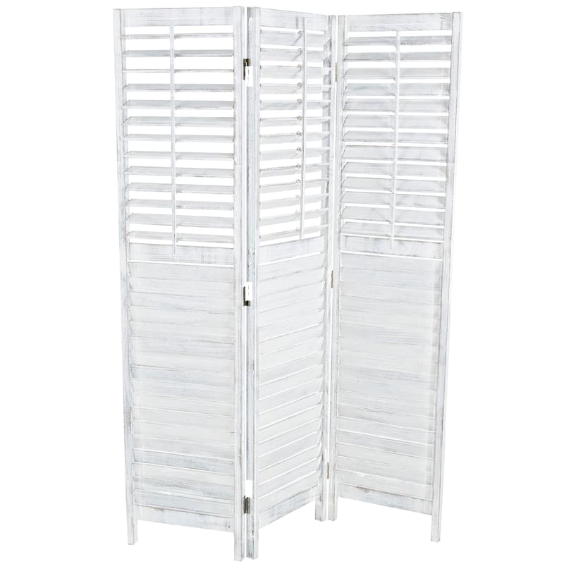 Wood Washed Shutter Top 3 Panel Room Divider Screen with Gray Distressing - White - Roche River Decor - 1"W x 47"L x 67"H