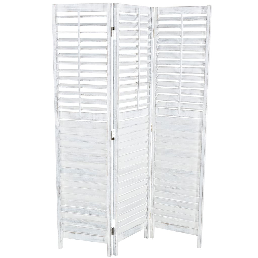 Wood Washed Shutter Top 3 Panel Room Divider Screen with Gray Distressing - White - Roche River Decor - 1"W x 47"L x 67"H