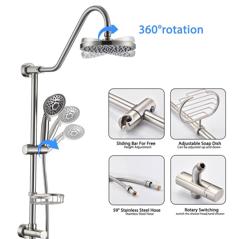 YASINU 8" Rain Showerhead and Multi-function Shower System includes Tub Filler