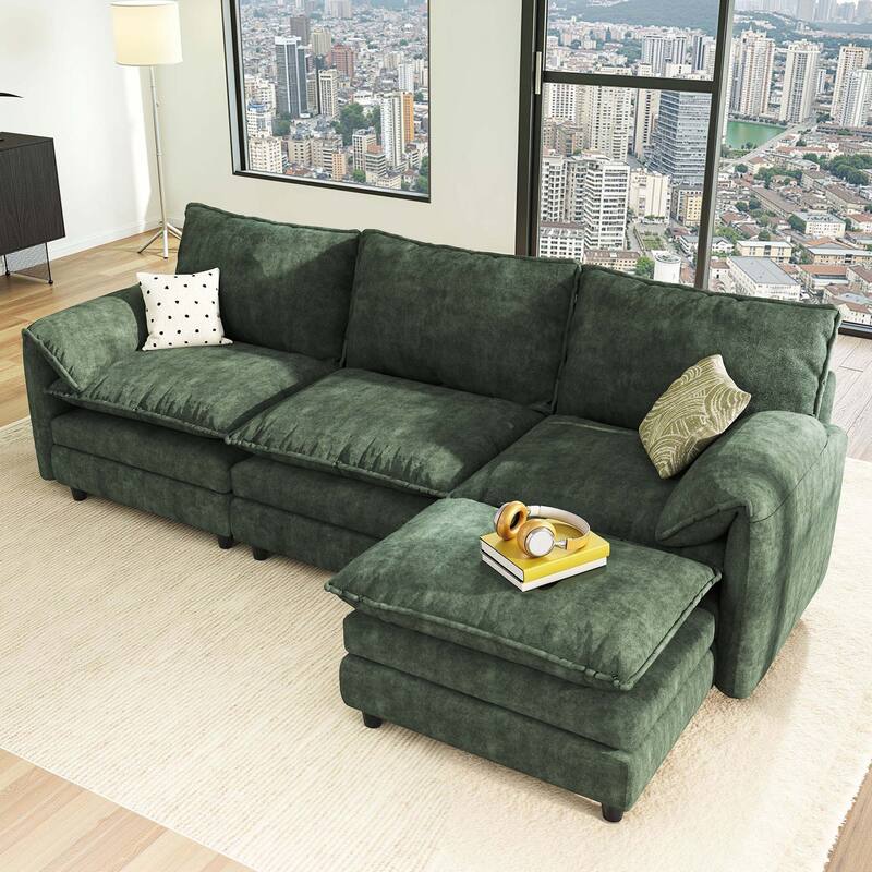 Modern Velvet L Shaped Couch 108" Modular Sectional Sofa with Movable Ottoman