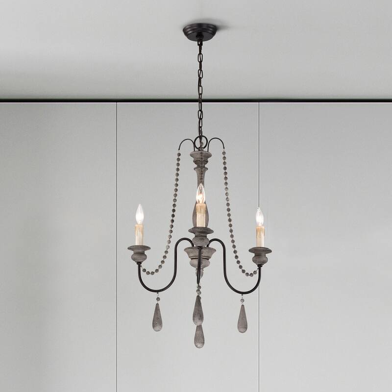 3-Light Slate Wood and Black Chandelier with Wooden Beads Hanging