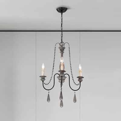 3-Light Slate Wood and Black Chandelier with Wooden Beads Hanging