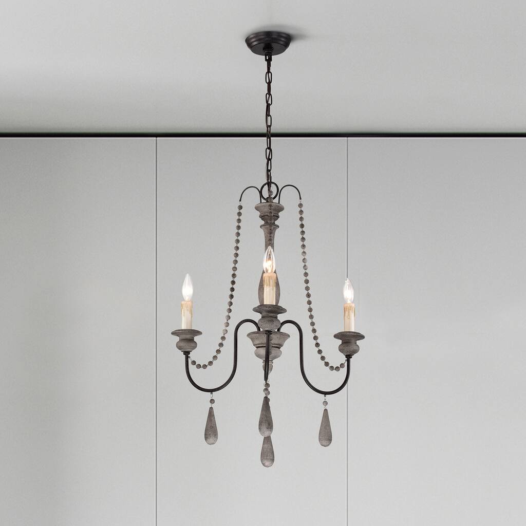 3-Light Slate Wood and Black Chandelier with Wooden Beads Hanging
