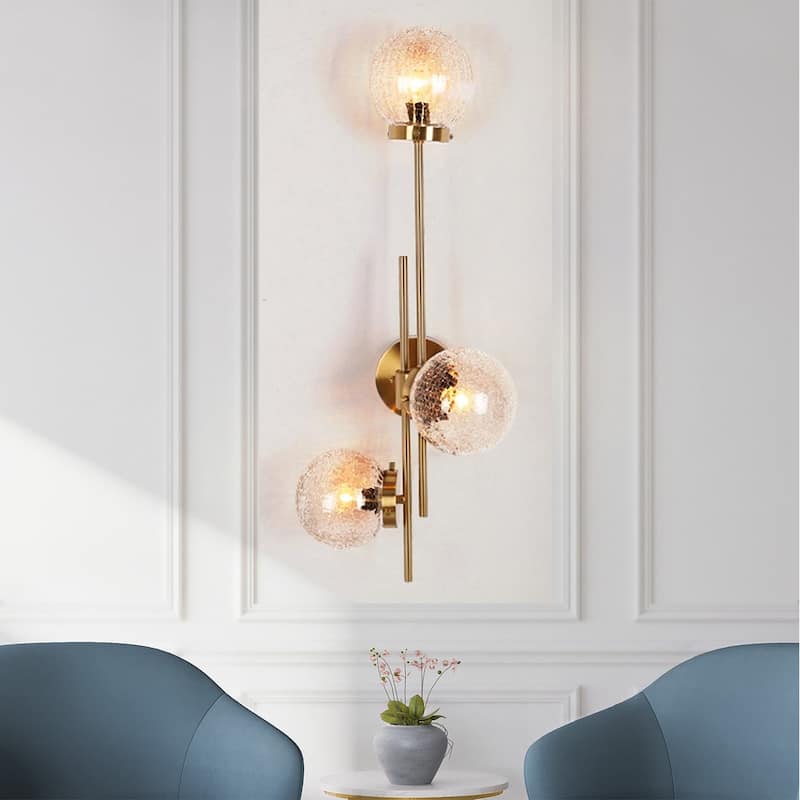 Modern Gold 3-Light Bathroom Vanity Lights Globe Glass Wall Sconces - Electroplating Brass/Crackle Glass