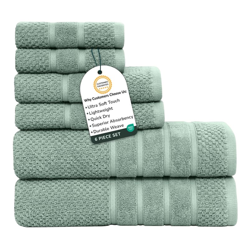 Feather and Stitch NY 650 GSM Premium Cotton 6 Piece Towel Set Super Absorbent Quick Dry Spa Quality - Green