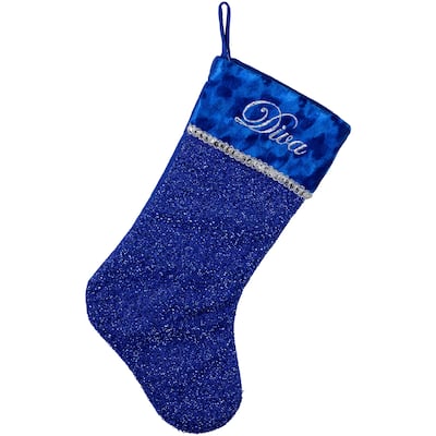 17" Blue and Silver Embroidered "Diva" Christmas Stocking with Cuff
