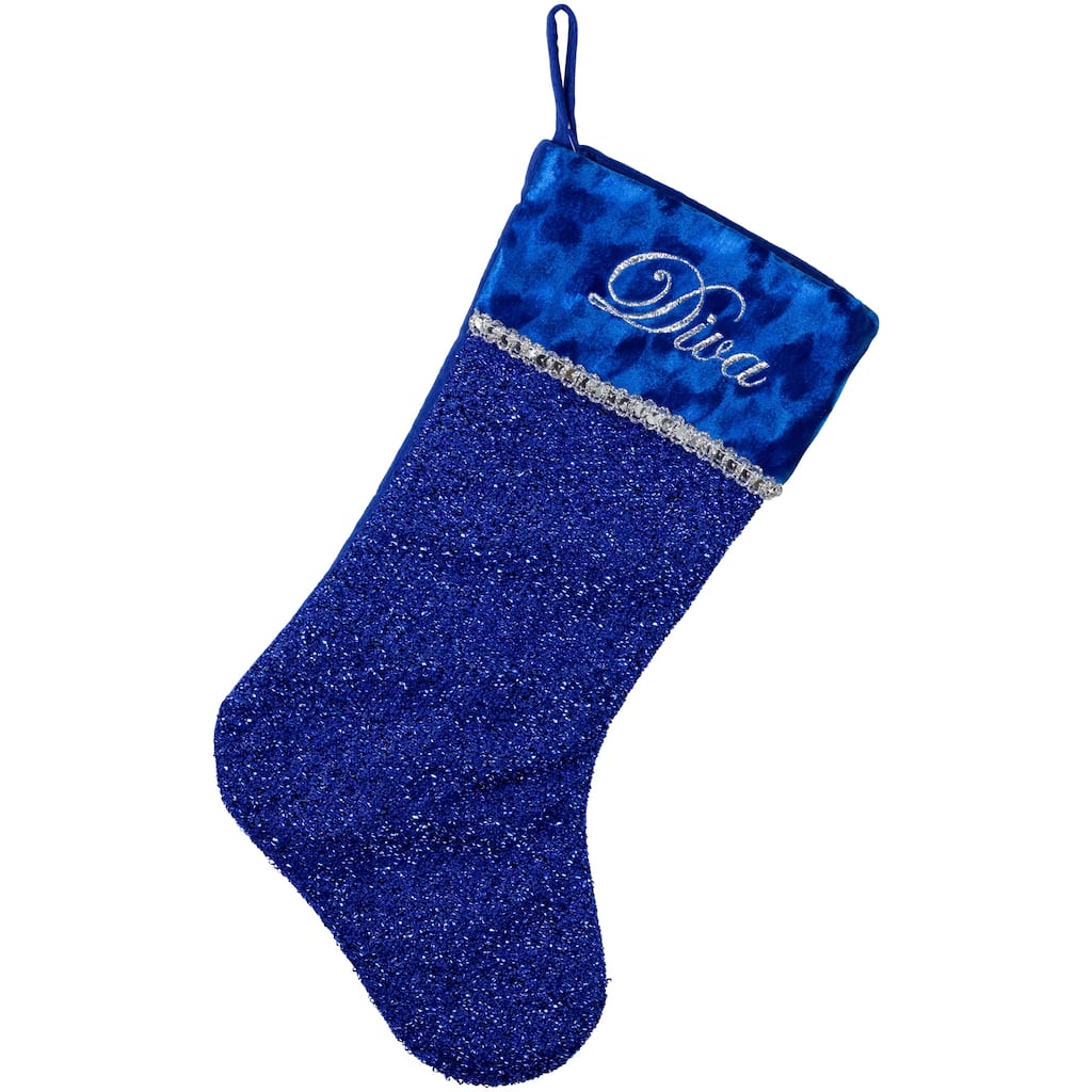17" Blue and Silver Embroidered "Diva" Christmas Stocking with Cuff