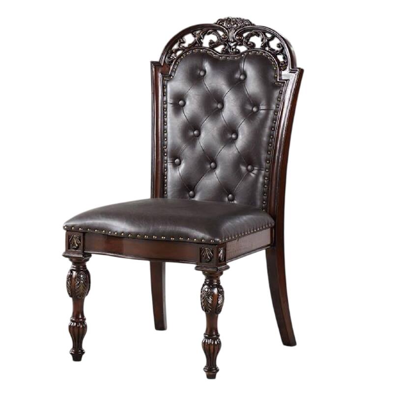 Eva Side Dining Chair Set of 2, Rivet Trim, Brown Tufted Faux Leather