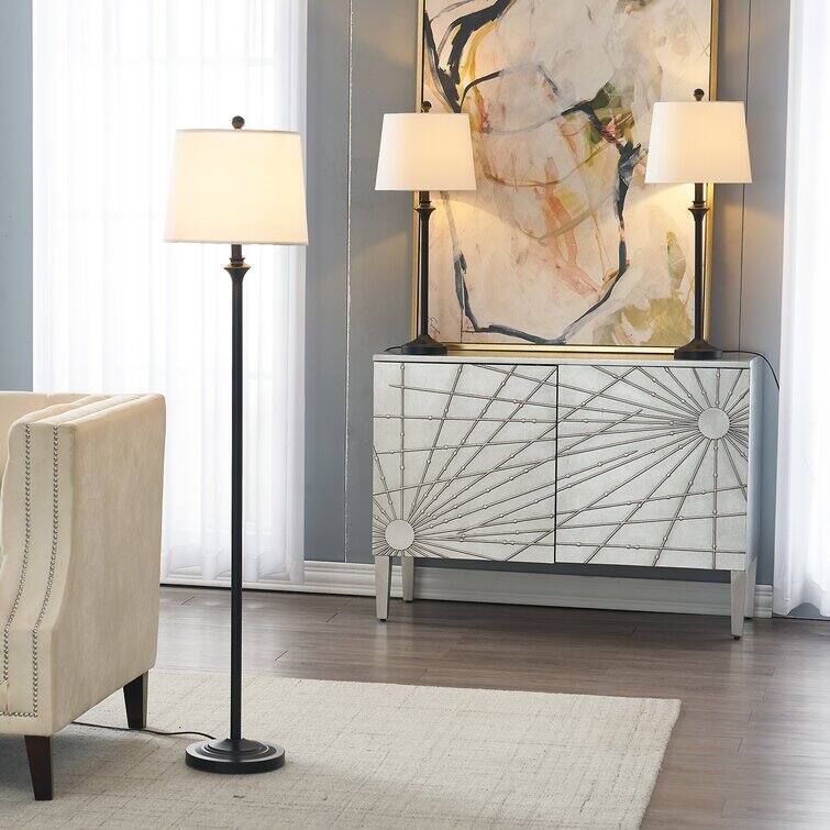 3 Piece Black Metal Table and Floor Lamp Set (Set of 3)