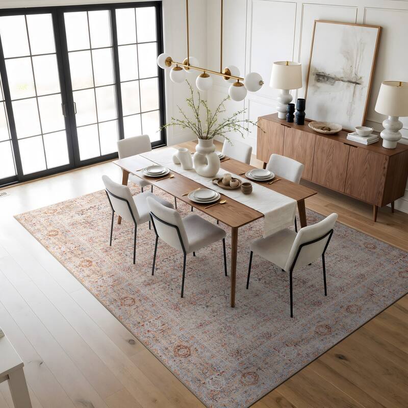 Terracotta Floral Washable Rug - Allover Pattern, Flat Pile
