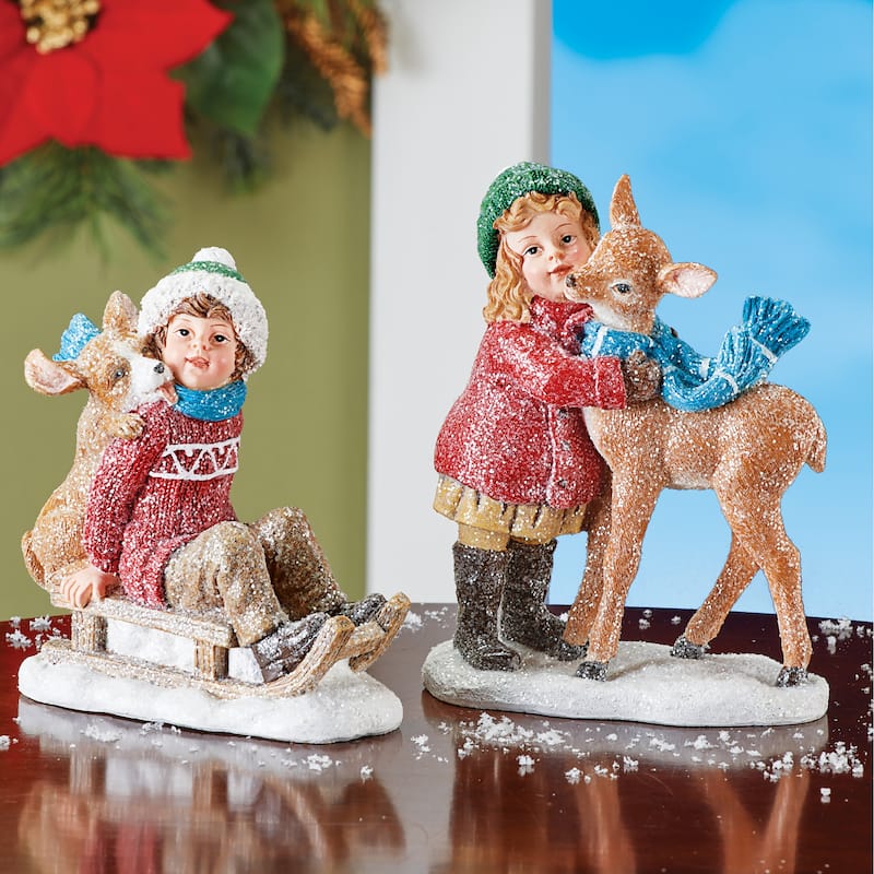 Hand-Painted Festive Children Sitters - Set of 2 - 5.5 x 5.75 x 2.75 - Brown - 5.5 x 5.75 x 2.75