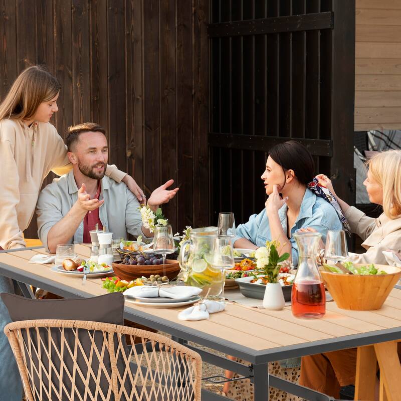EROMMY 7 Piece Outdoor Dining Set with Umbrella Hole, Patio Table and 6 Rattan Chairs with Cushions, Weather-Resistant Furniture