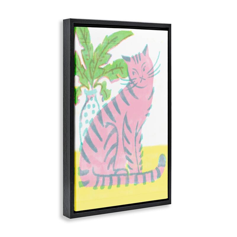Stupell Modern Pink Cat & Plant Framed Floater Canvas Wall Art Design By Hannah Moren