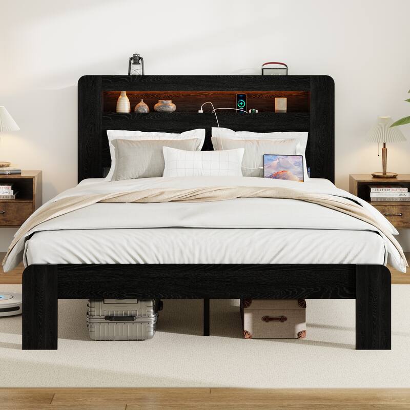 Bed Frame King Size, Wood Platform Bed Frame with Storage LED Light Headboard and 2 USB, Noise Free, No Box Spring Needed