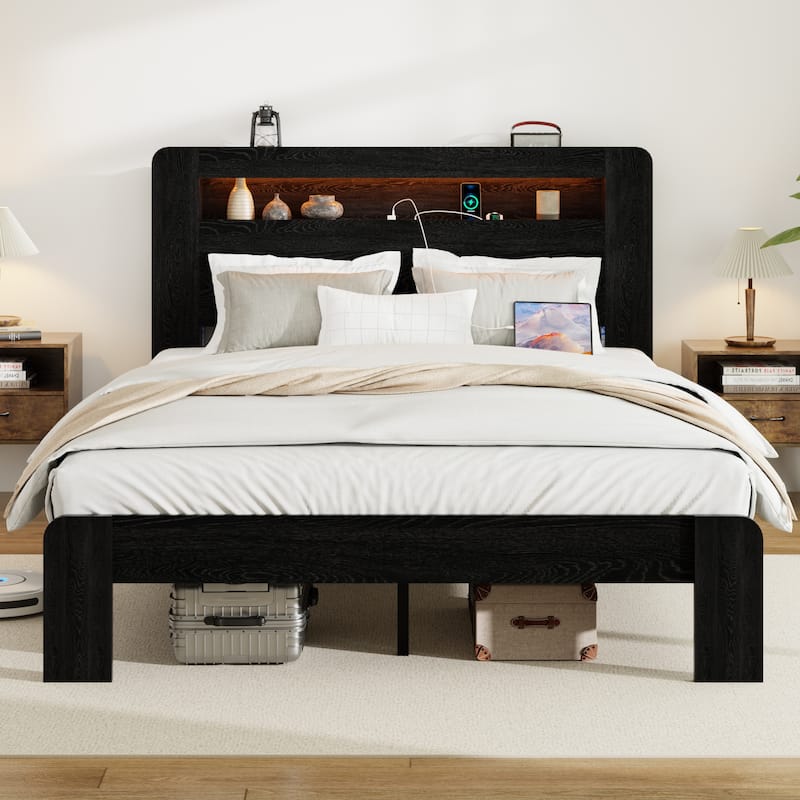 Bed Frame Queen Size, Wood Platform Bed Frame with Storage LED Light Headboard and 2 USB, Noise Free, No Box Spring Needed
