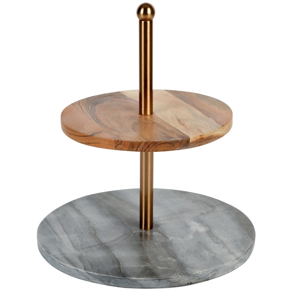 Laurie Gates California Designs Marble and Acacia Wood 2 Tier Server