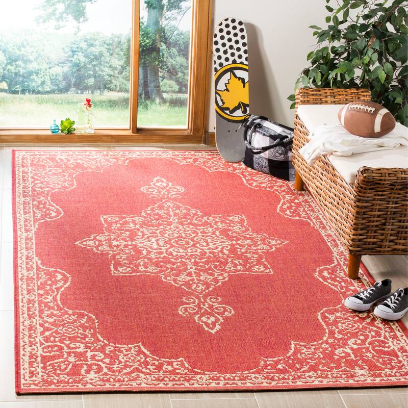 SAFAVIEH Linden Pascalle Indoor/ Outdoor Waterproof Patio Backyard Rug - 9' x 12' - Red/Creme