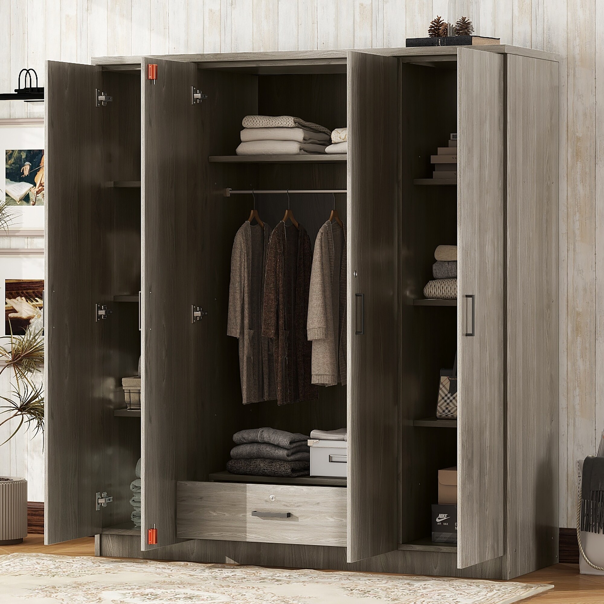 4-Door Wardrobe, Wood Free-Standing Cabinet Closet with Shelves