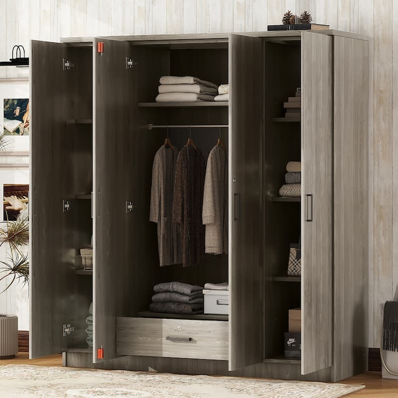 4-Door Wardrobe with 1 Drawer for Bedroom,Living Room, Gray - Grey