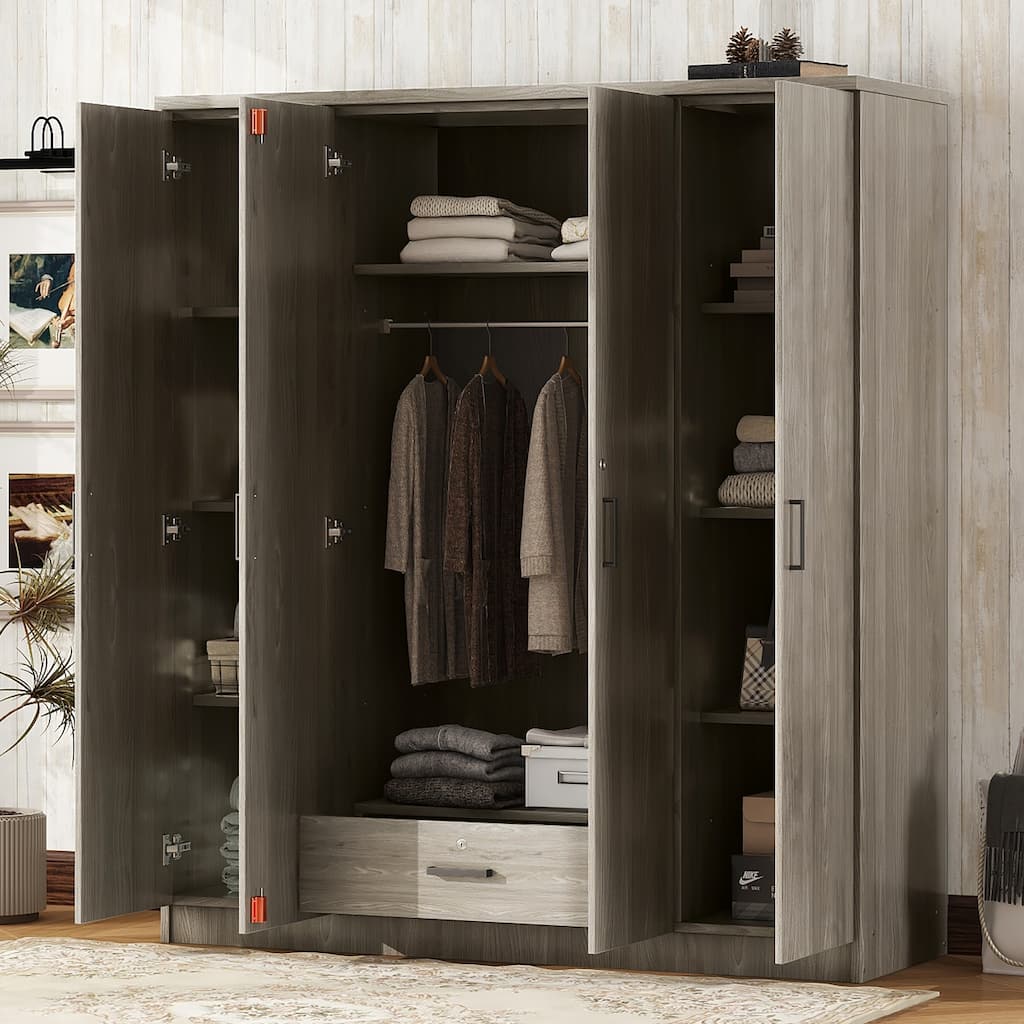 4-Door Wardrobe with Hanging Clothes Rod, Shelves & 1 Lockable Drawer, Industrial Free-Standing Armoire Closet for Bedroom, Grey