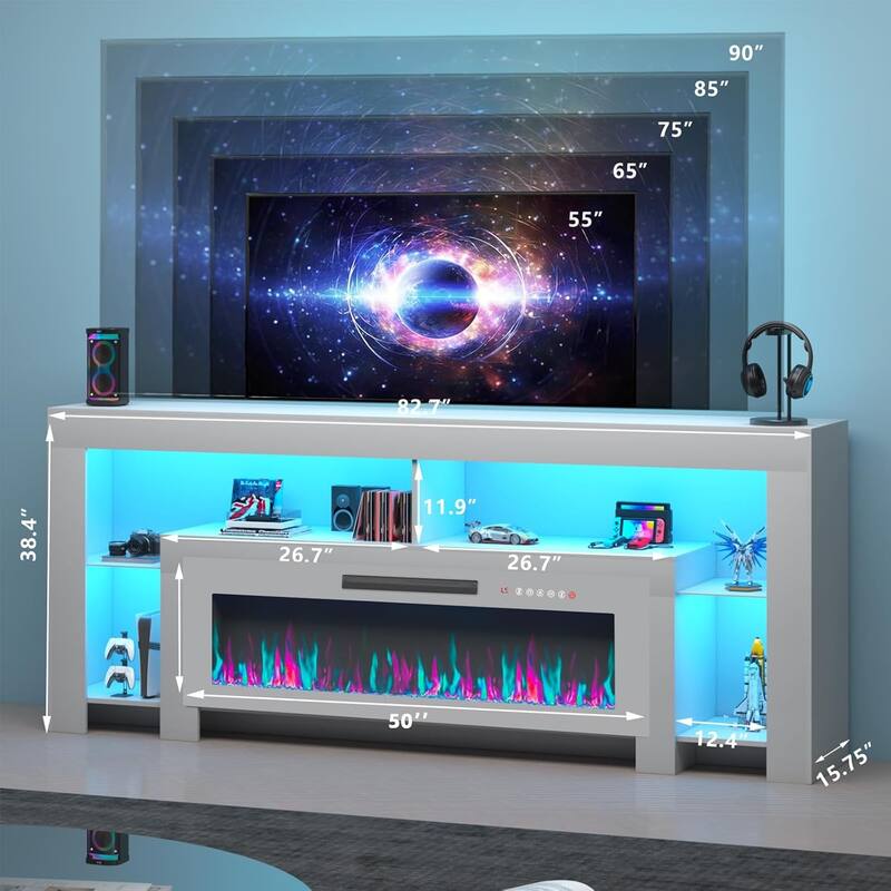 BOSSIN 82" Fireplace TV Stand with 50" Fireplace, Entertainment Center for TVs Up to 90", Console Cabinet With LED Light