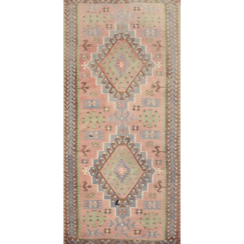 Hand Woven Oriental 100% Wool Carpet Southwestern Tribal Pink Kilim Area Rug - 10' 5'' X 5' 0''