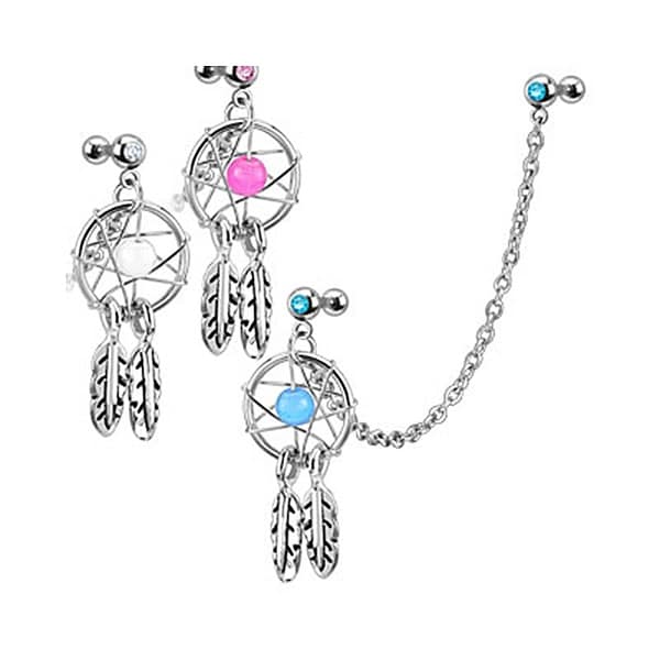 Dream Catcher with Gemmed Double Cartilage/Tragus Barbell Chain Linked Dangle Surgical Steel (Sold Ind.)