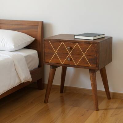 HomeRoots 22" Chestnut Solid Wood Geometric Brass Inlay Two Drawer Nightstand