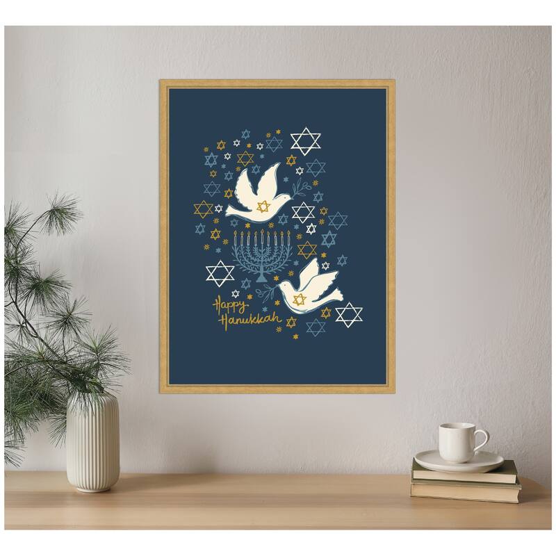 Kate and Laurel Sylvie Framed Canvas Love and Light Happy Hanukkah by Vicky Yorke