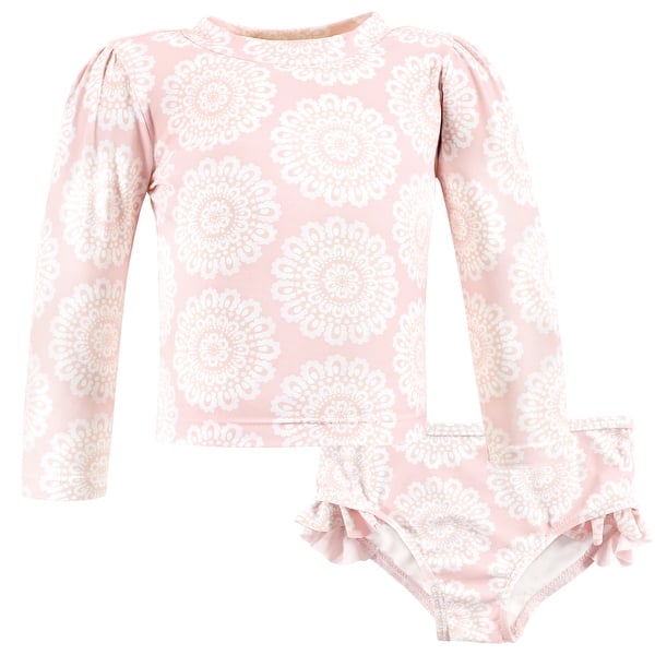 slide 1 of 1, Hudson Baby Girls Swim Rashguard Set, Pink Doily 12-18 Months - Pink Doily